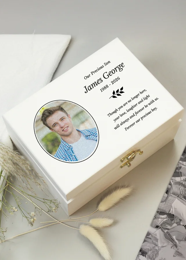 Personalised Memento Company Photo Upload Memorial White Wooden Keepsake Box