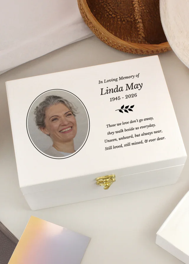 Personalised Memento Company Photo Upload Memorial White Wooden Keepsake Box