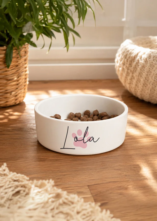 Personalised Memento Company Pink Paw Print Name 15cm Medium Pet Bowl