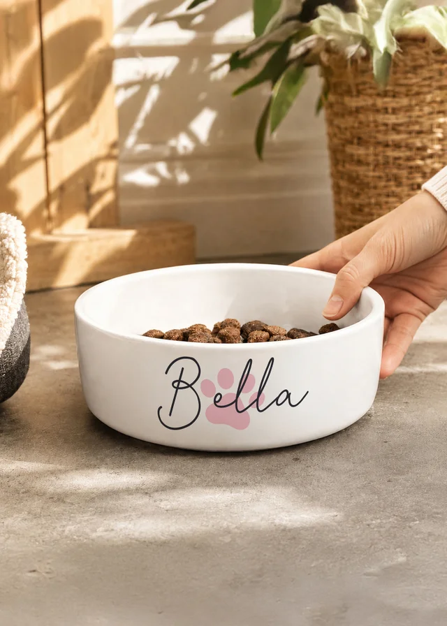 Personalised Memento Company Pink Paw Print Name 15cm Medium Pet Bowl