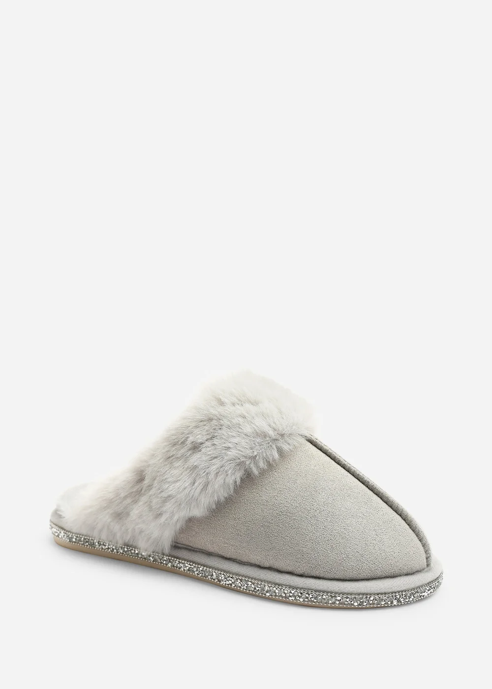 Where's That From Dovina Grey Diamante Trim Detail Faux Fur Trim Mule Slippers - 3 Image 2