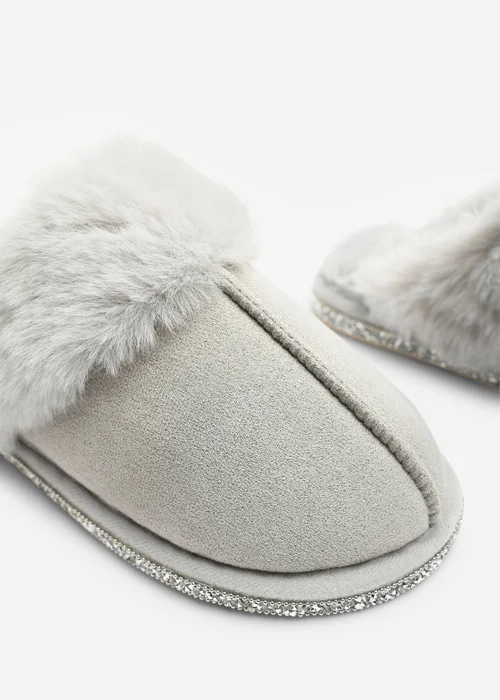 Where's That From Dovina Grey Diamante Trim Detail Faux Fur Trim Mule Slippers - 3 Image 4