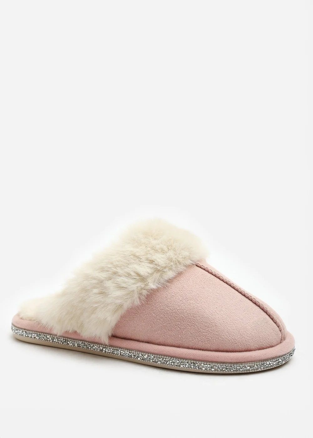 Where's That From Dovina Pink Diamante Trim Detail Faux Fur Trim Mule Slippers - 4 Image 2