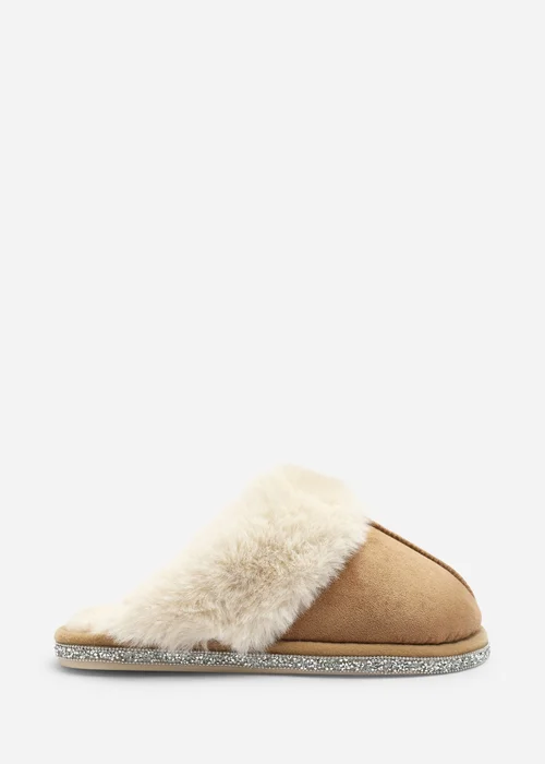 Where's That From Dovina Camel Diamante Trim Detail Faux Fur Trim Mule Slippers - 4 Image 1