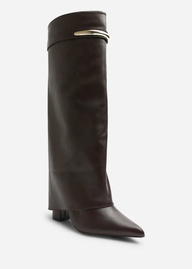Where's That From Nareva Brown Trim Detail Fold Over Shark Block Heel Pointed Toe Boots