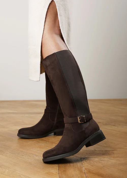 Where's That From Bode Dark Brown Stretch Knee High Riding Boots with Side Buckle Strap - 8 Image 2