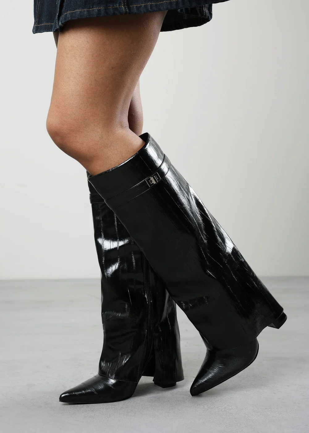 Where's That From Keira Black Eel Fold Over Shark Block Heel Pointed Toe Boots - 6 Image 2