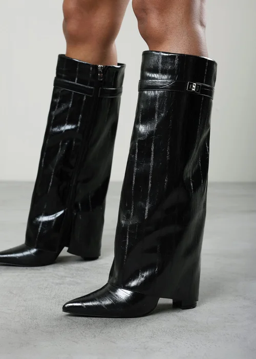 Where's That From Keira Black Eel Fold Over Shark Block Heel Pointed Toe Boots - 6 Image 5