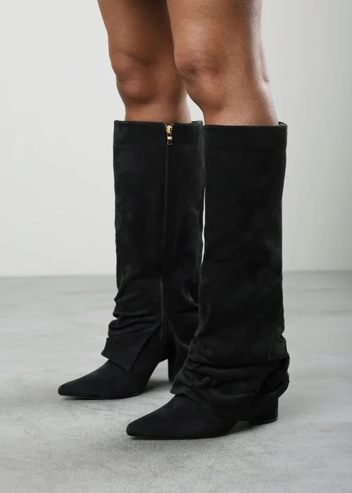 Where's That From Galilea Black Ruched Fold Down Knee High Heeled Shark Boots - 6 Image 2