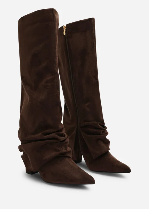 Where's That From Galilea Dark Brown Ruched Fold Down Knee High Heeled Shark Boots - 4 Image 3