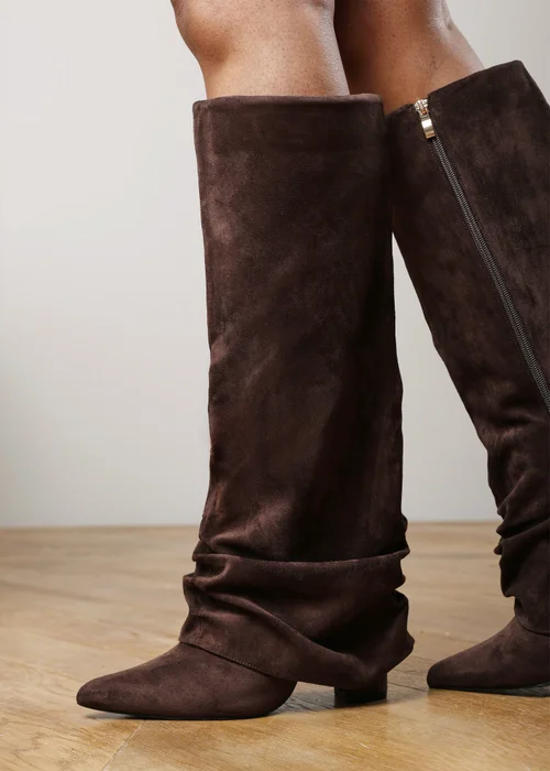 Where's That From Galilea Dark Brown Ruched Fold Down Knee High Heeled Shark Boots - 4 Image 5
