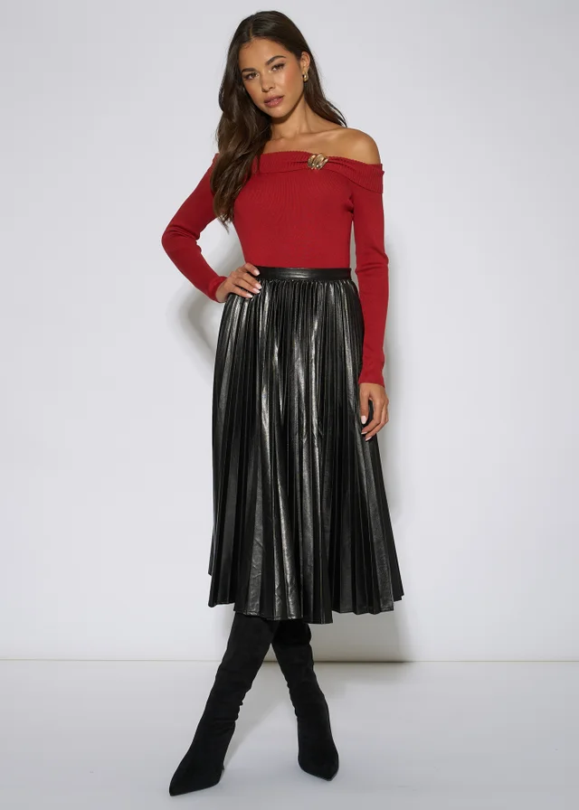 Gini London Black Pleated Faux Leather Midi Skirt