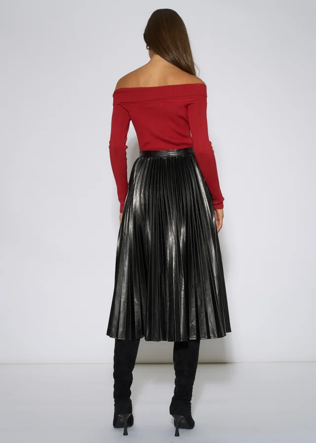 Gini London Black Pleated Faux Leather Midi Skirt
