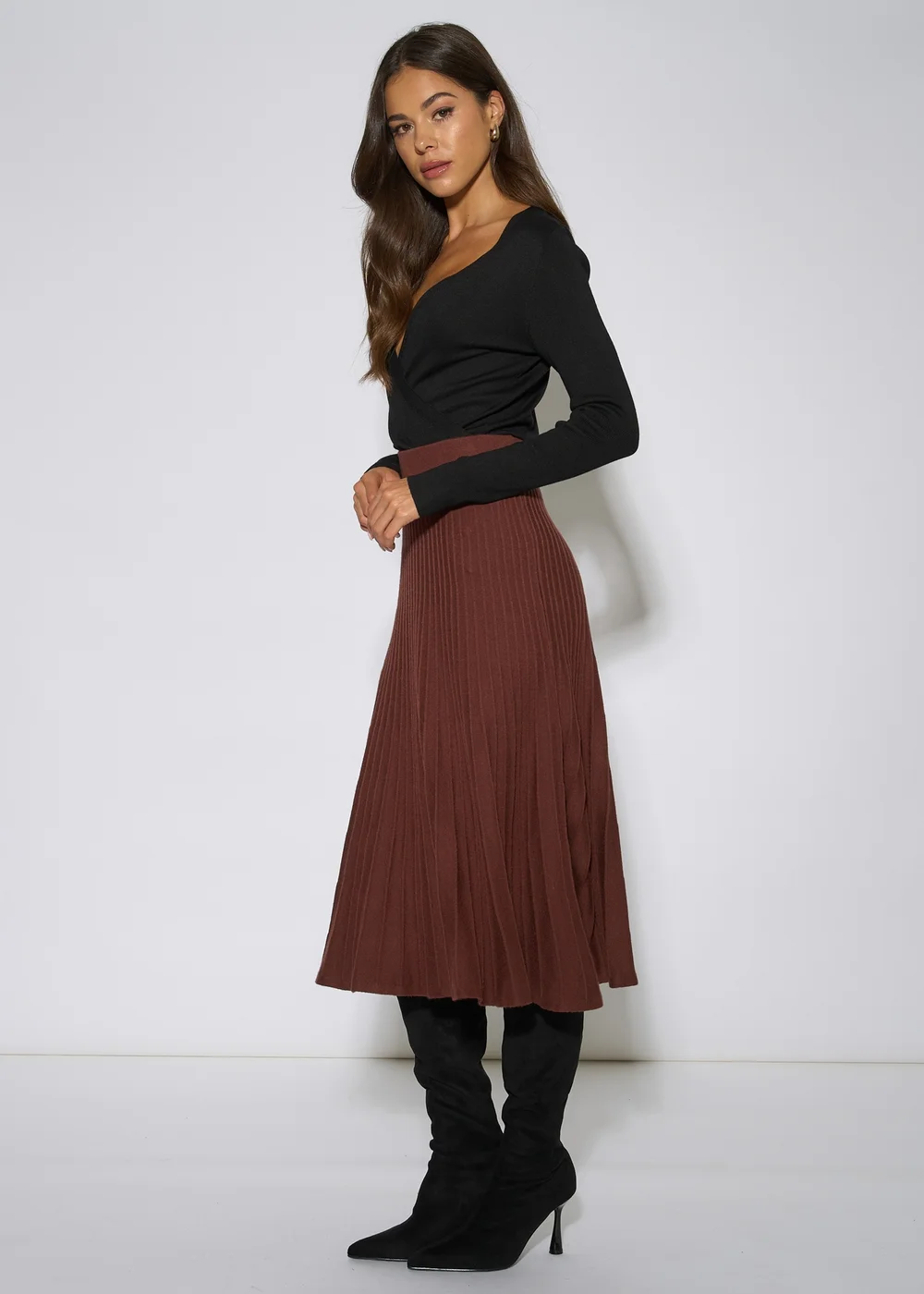 Gini London Brown Pleat Detail Knitted Flared Midi Skirt - 12 Image 4