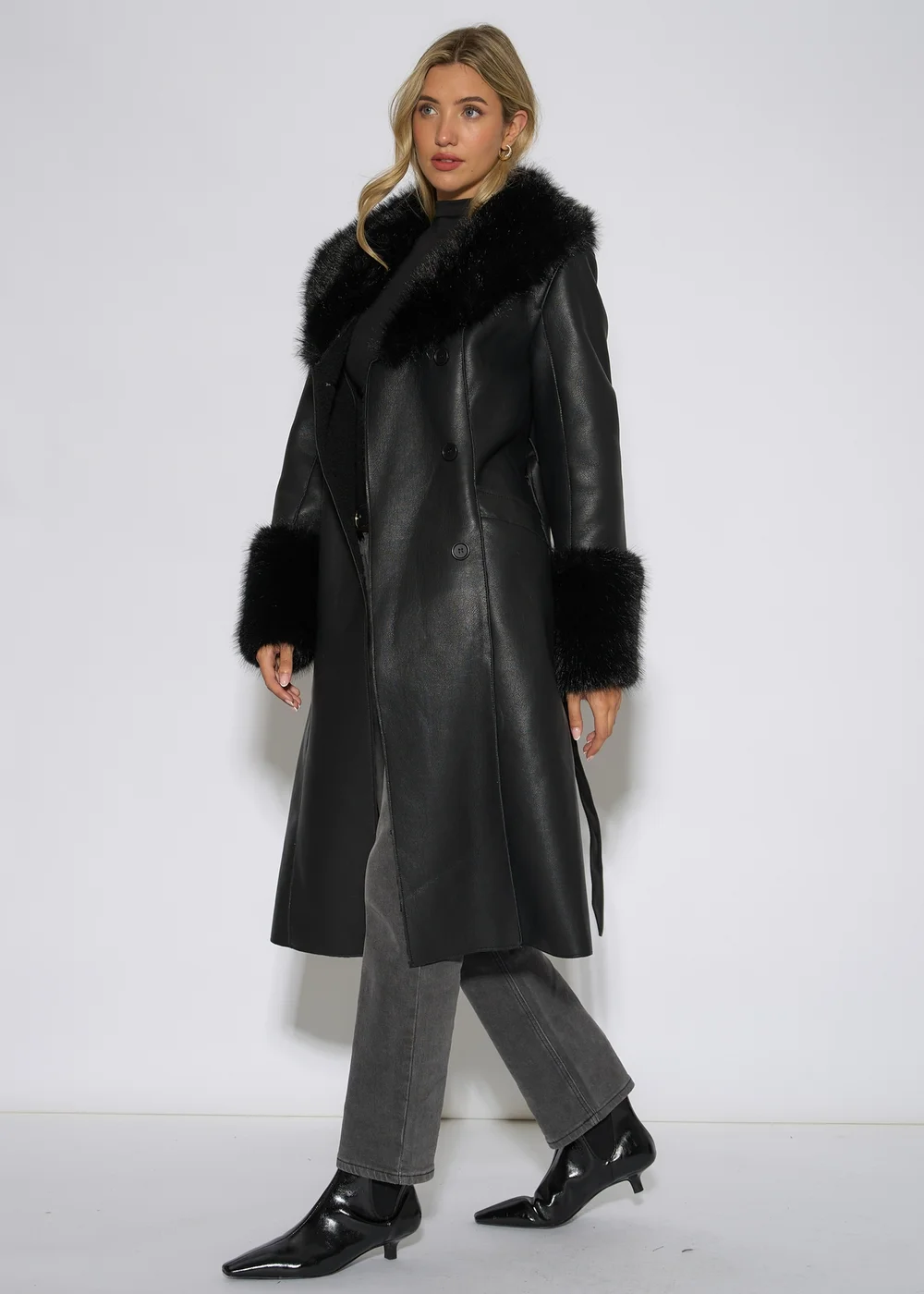 Gini London Black Fur Trim Faux Leather Wrap Longline Coat - 12 Image 4