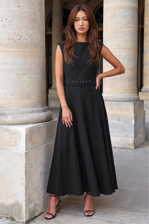 Roman Black Belted Fit and Flare Dress - 20 Image 2