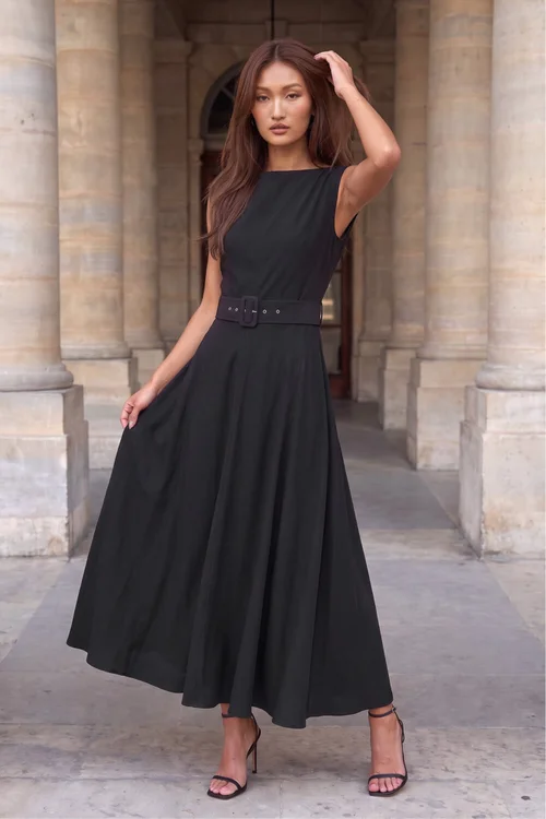 Roman Black Belted Fit and Flare Dress - 20 Image 1