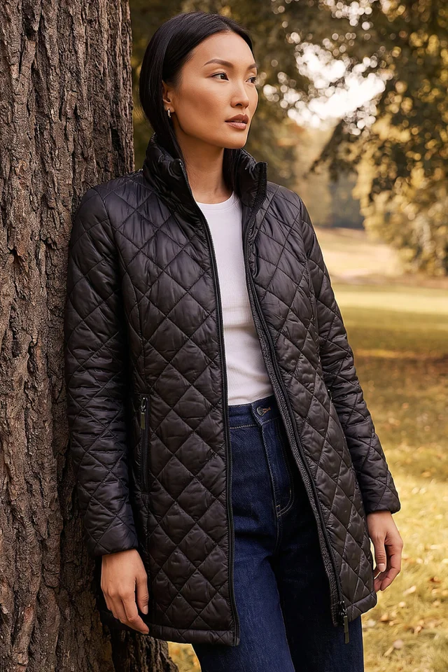 Roman Black Two Tone Diamond Quilted Coat