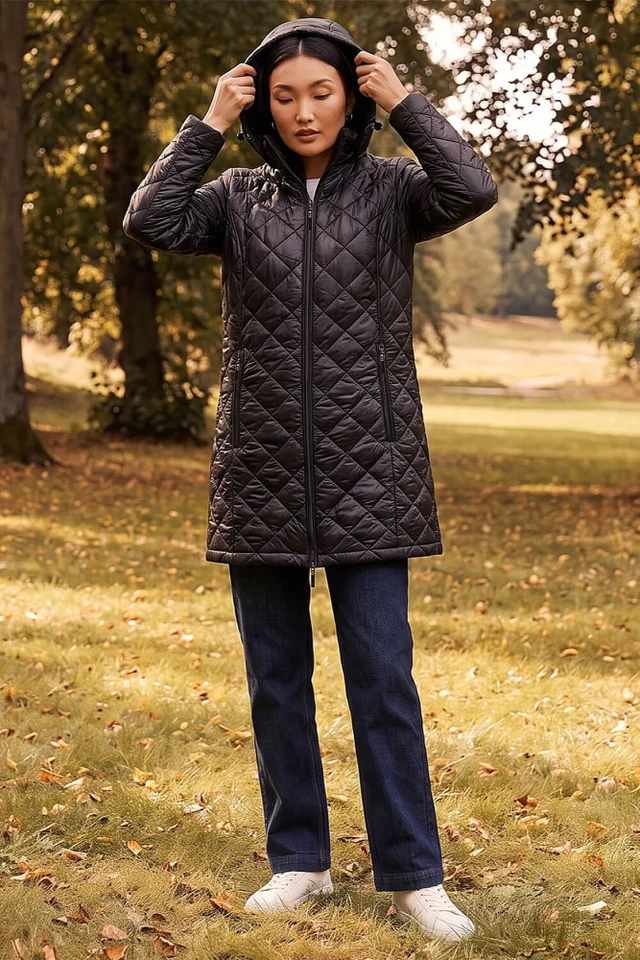 Roman Black Two Tone Diamond Quilted Coat