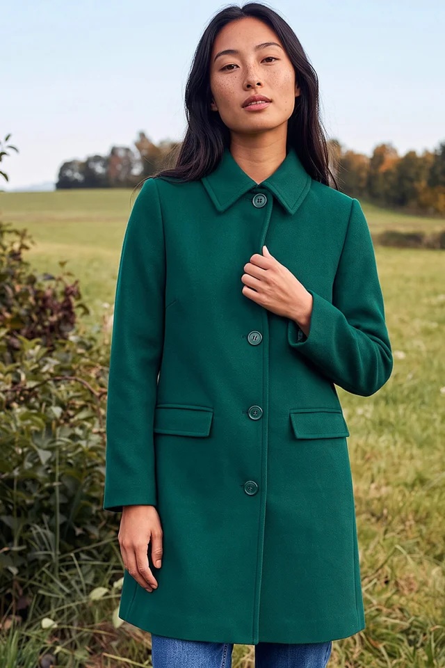 Roman Dark Green Petite Collared Button Front Coat