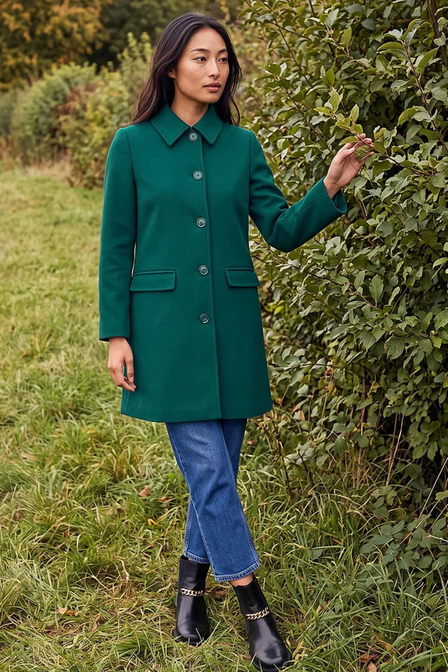 Roman Dark Green Petite Collared Button Front Coat