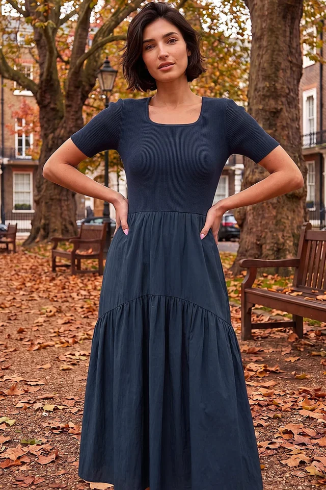 Roman Navy Knit Woven Mix Midi Dress