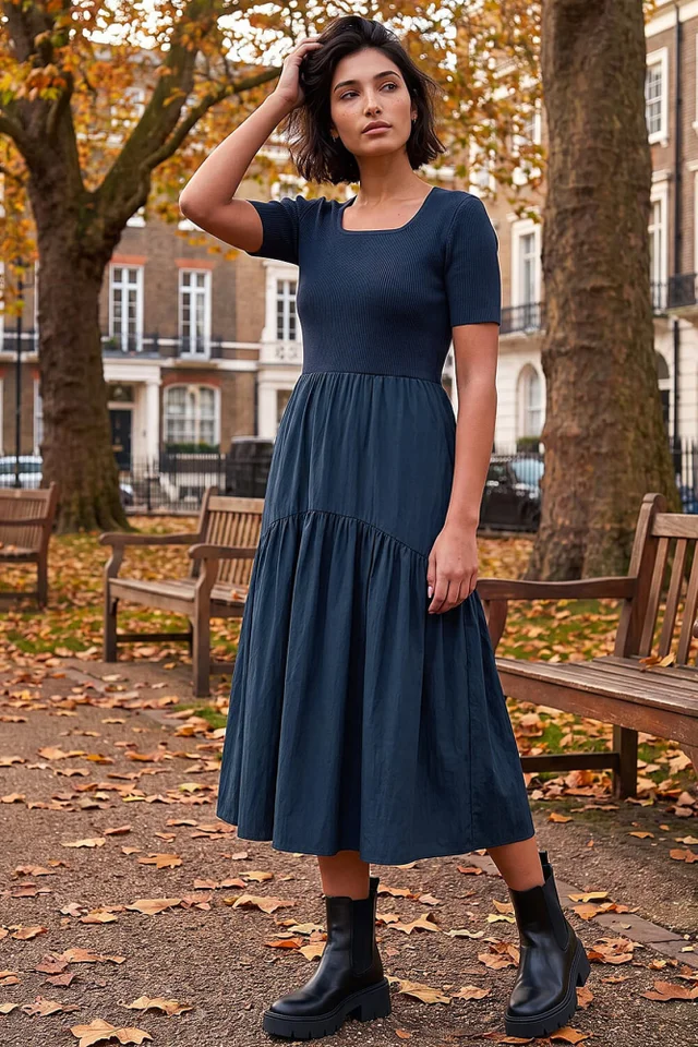 Roman Navy Knit Woven Mix Midi Dress