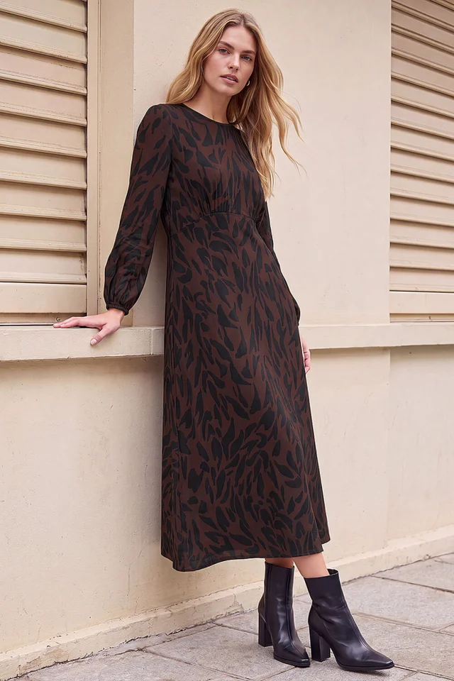 Roman Chocolate Animal Print A-Line Midi Dress