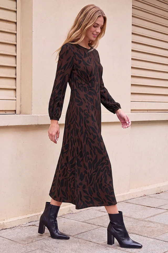 Roman Chocolate Animal Print A-Line Midi Dress