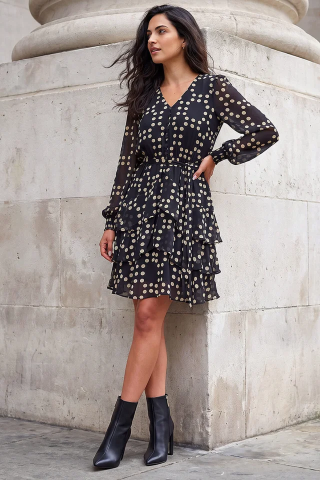 Dusk Black Spot Print Tie Waist Dress