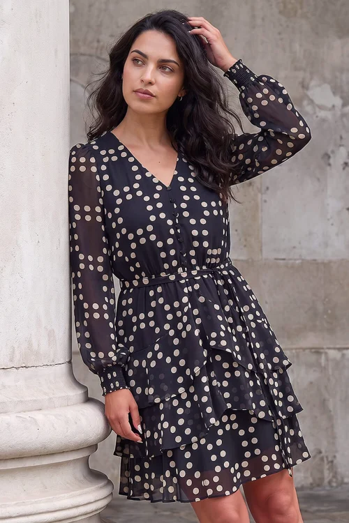 Dusk Black Spot Print Tie Waist Dress - 14 Image 1