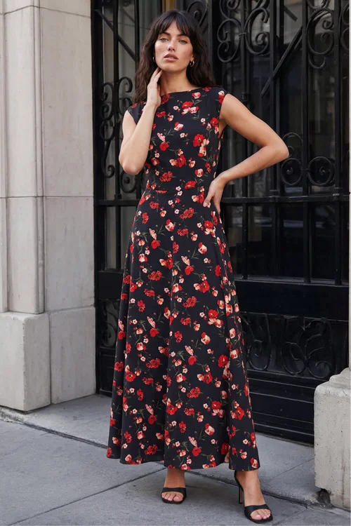 Roman Black High Neck Floral Poppy Print Dress - 18 Image 2
