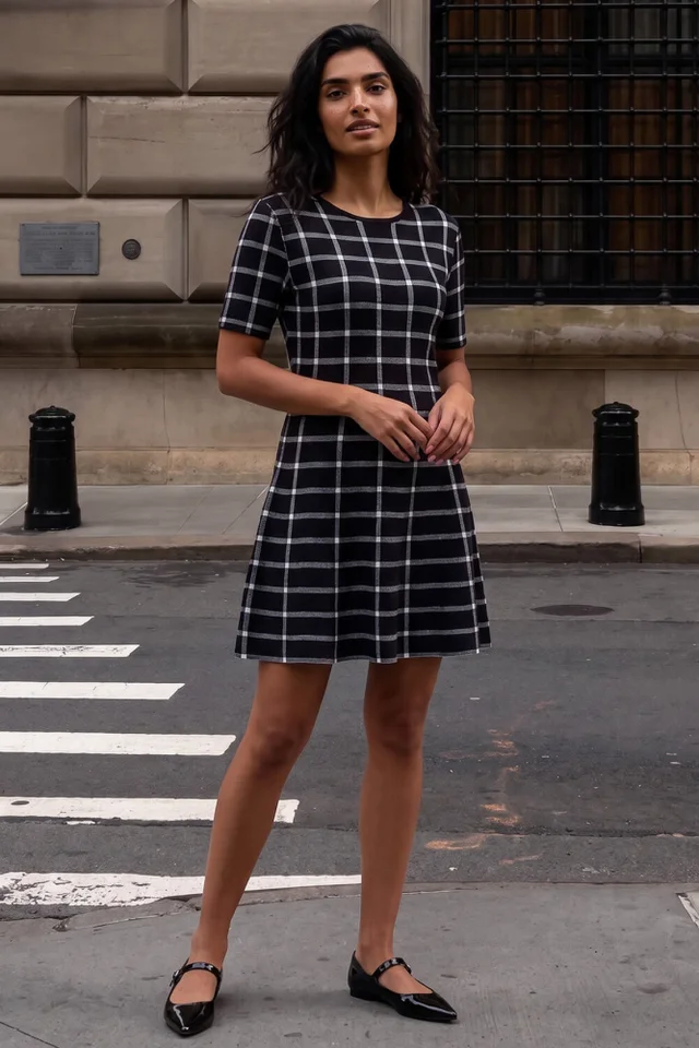 Roman Black Check Print Knitted Dress