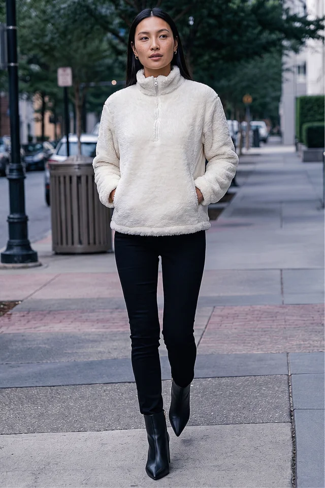 Roman Cream Sherpa Zip Neck Fleece Jacket