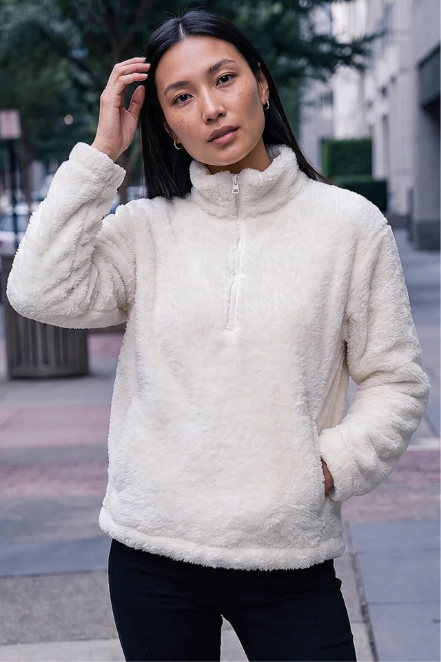 Roman Cream Sherpa Zip Neck Fleece Jacket