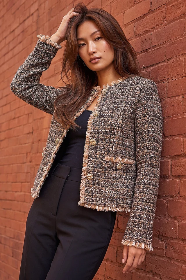Roman Brown Boucle Frayed Edge Jacket