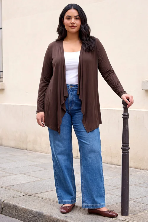 Roman Chocolate Curve Waterfall Front Jersey Cardigan - 26-28 Image 2