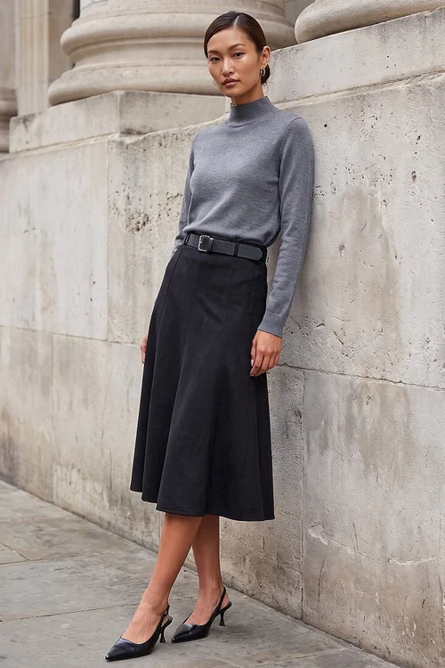 Roman Black Belted Faux Suede Midi Skirt - 14 Image 2