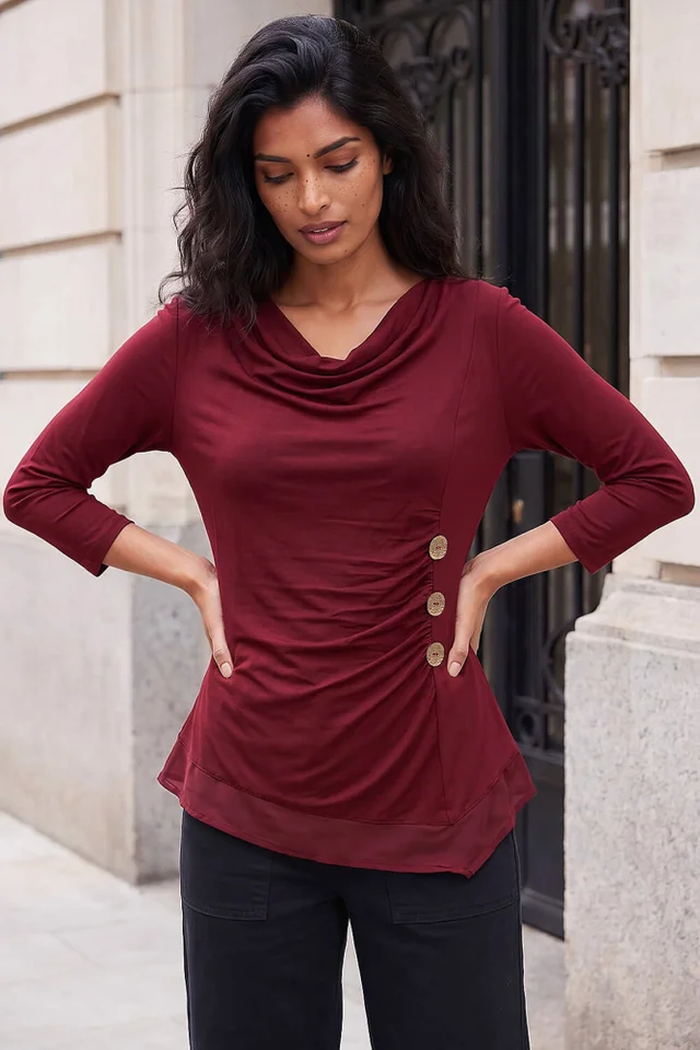 Roman Burgundy Button Detail Chiffon Hem Top