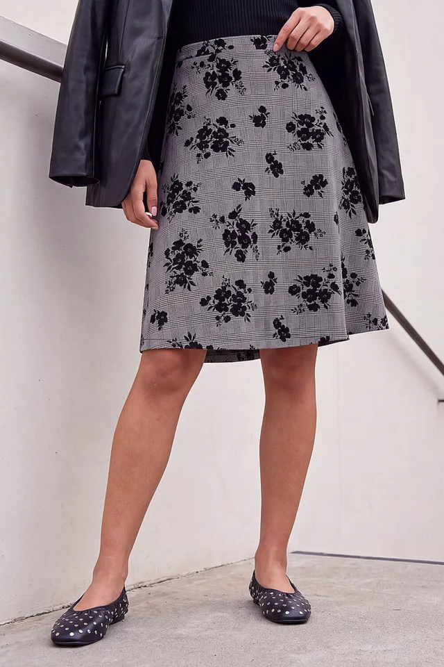 Roman Black Check Floral Skater Skirt