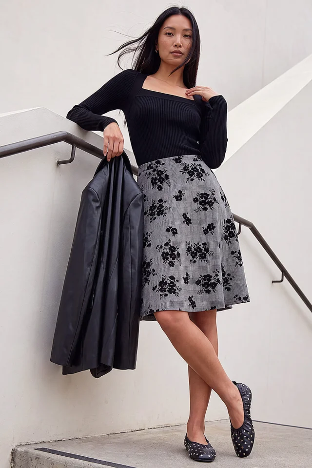 Roman Black Check Floral Skater Skirt