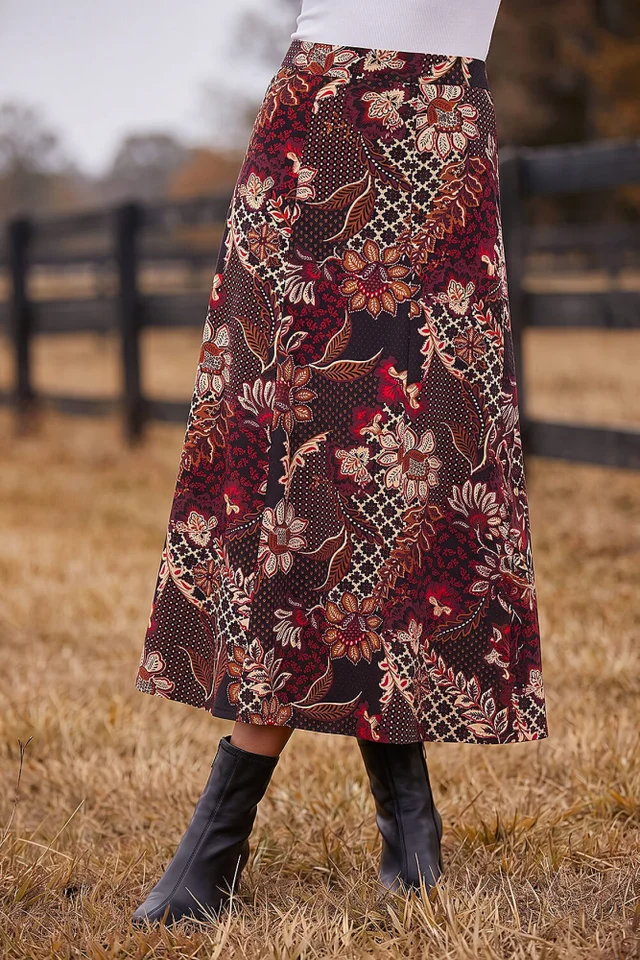 Roman Red Floral Paisley Print Skirt