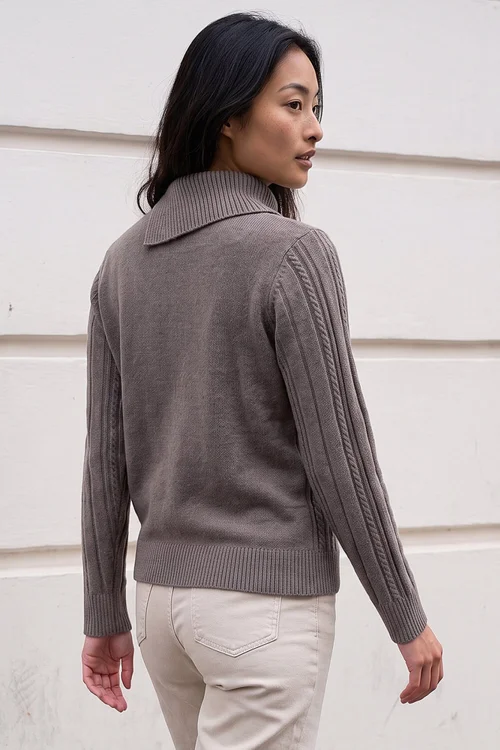 Roman Taupe Petite Buttoned Cable Knit Jumper - 12 Image 3