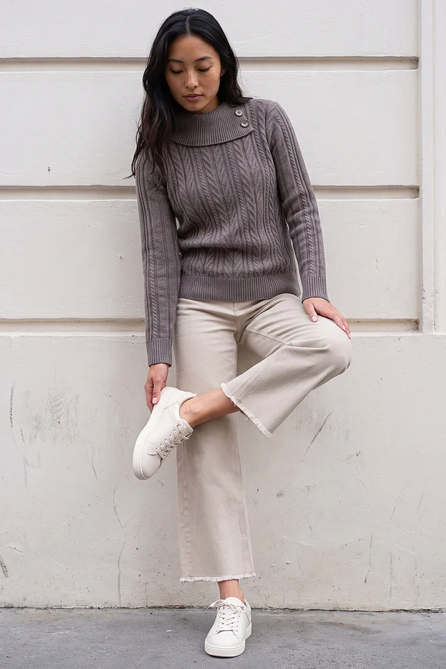 Roman Taupe Petite Buttoned Cable Knit Jumper