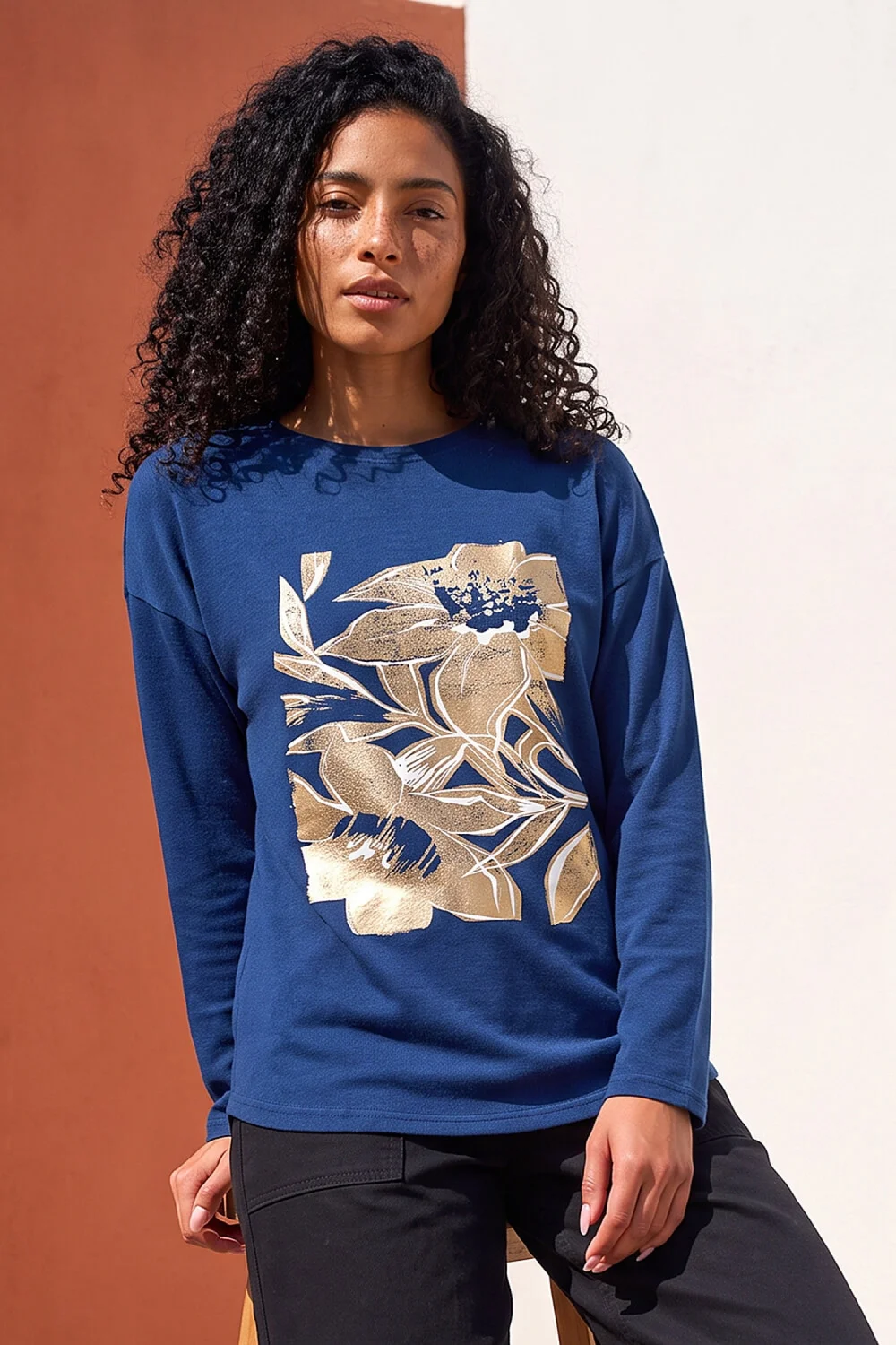 Roman Midnight Blue Floral Foil Print Snit Top - 14 Image 1