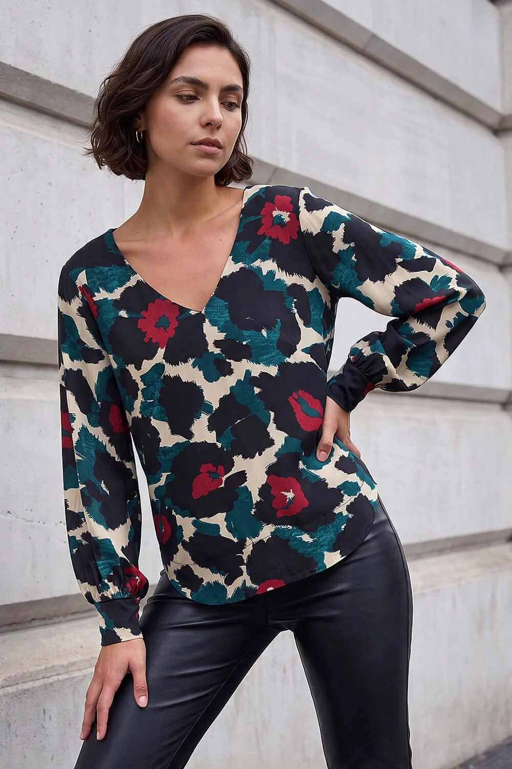 Roman Teal Animal Print V-Neck Top - 12 Image 1