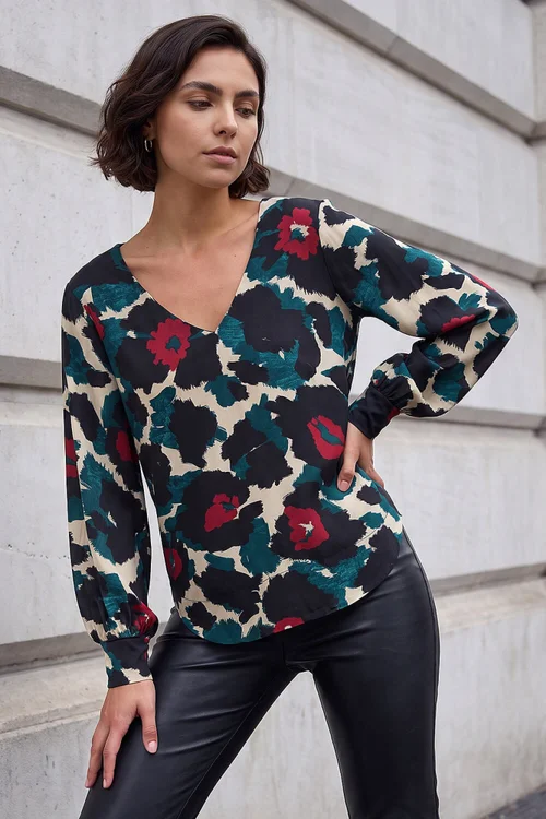 Roman Teal Animal Print V-Neck Top - 12 Image 1