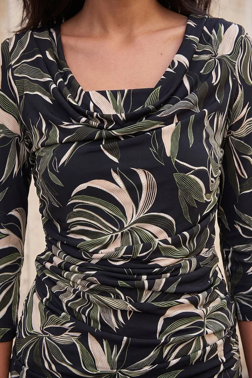 Roman Khaki Leaf Print Gathered Cowl Neck Top - 10 Image 4