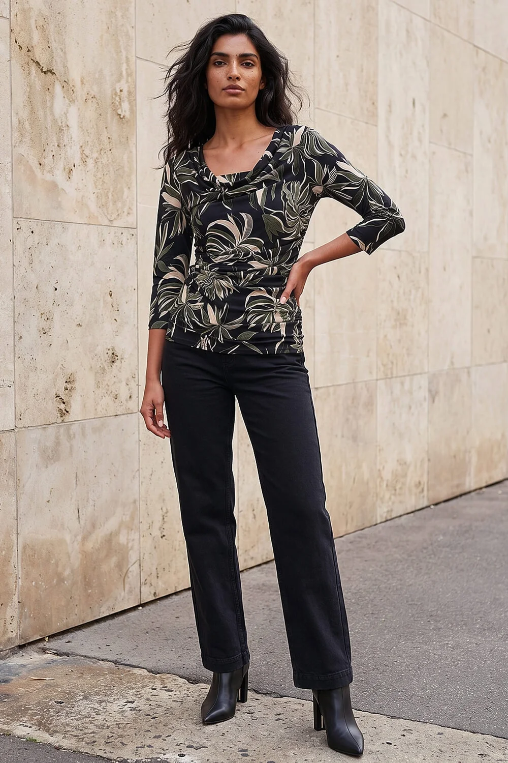 Roman Khaki Leaf Print Gathered Cowl Neck Top - 10 Image 2