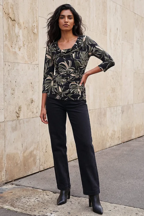 Roman Khaki Leaf Print Gathered Cowl Neck Top - 10 Image 2